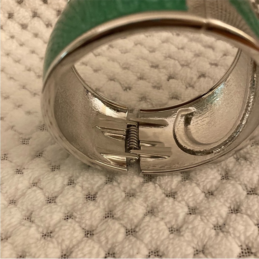 Silvertone Green Enameled Bangle Bracelet with White Austrian Crystals - Picture 10 of 12